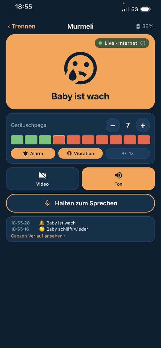 Murmeli Babyphone-App: Alarm „Baby ist wach" auf dem Eltern-Handy