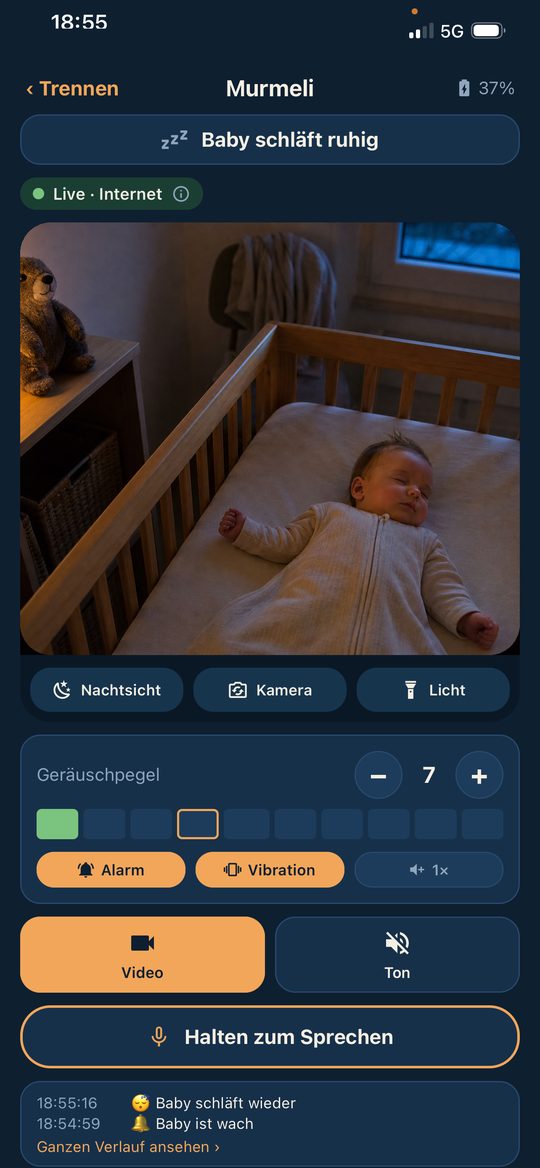Murmeli Babyphone-App: Live-Video aus dem Kinderzimmer auf dem Eltern-Handy