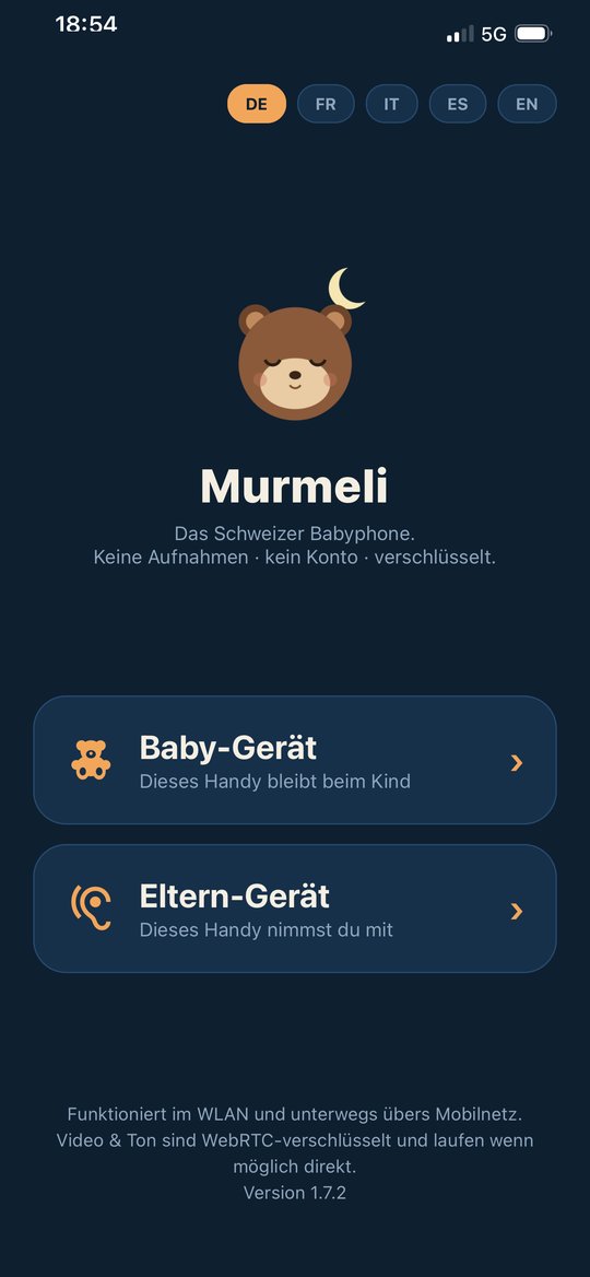 Murmeli Babyphone-App: Startbildschirm mit der Wahl zwischen Baby-Gerät und Eltern-Gerät