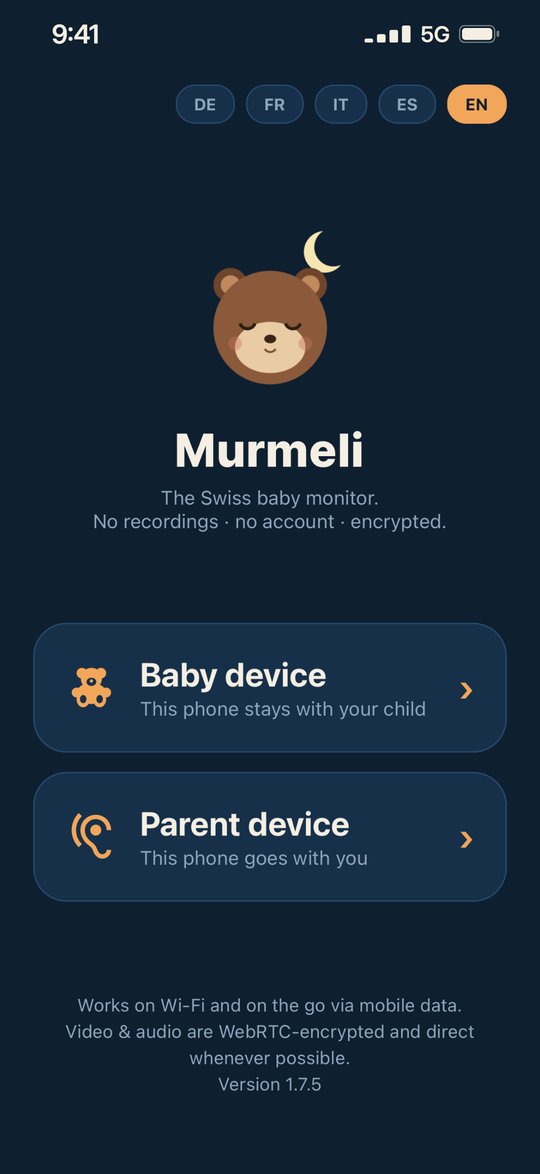 Murmeli baby monitor app: start screen with the choice between baby device and parent device