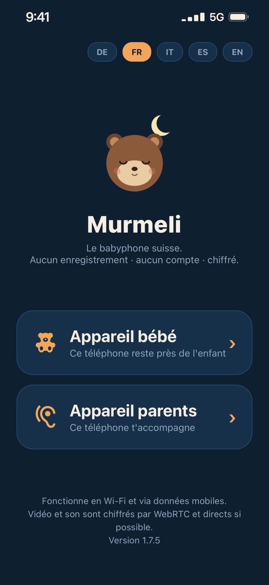 Application babyphone Murmeli : écran d'accueil avec le choix entre appareil bébé et appareil parents