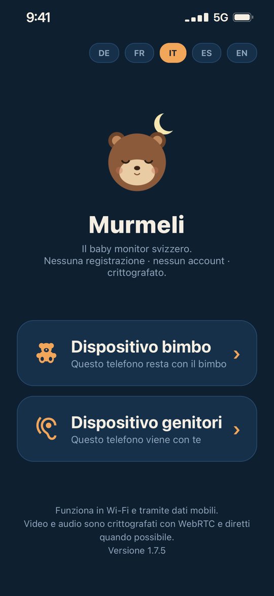 App baby monitor Murmeli: schermata iniziale con la scelta tra dispositivo bimbo e dispositivo genitori